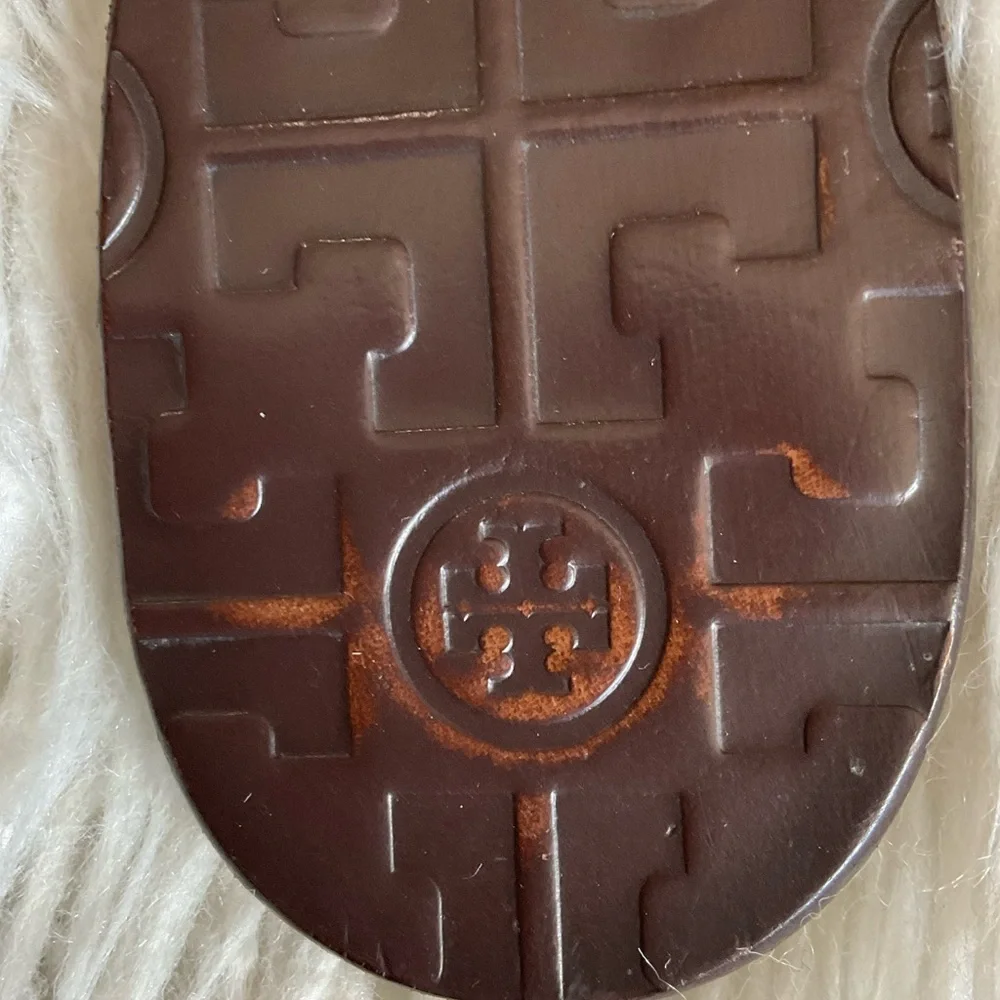Tory Burch Thora Brown Bronze Metallic Pebbled Leather Thong Flat Sandals Size 7